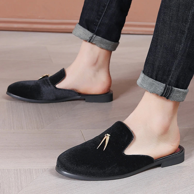 Fashion Men Velvet Tassels Half Slippers Loafer Male Casual Purple Green Blue Black Mules Moccasins Breathable Driving Shoes 260331