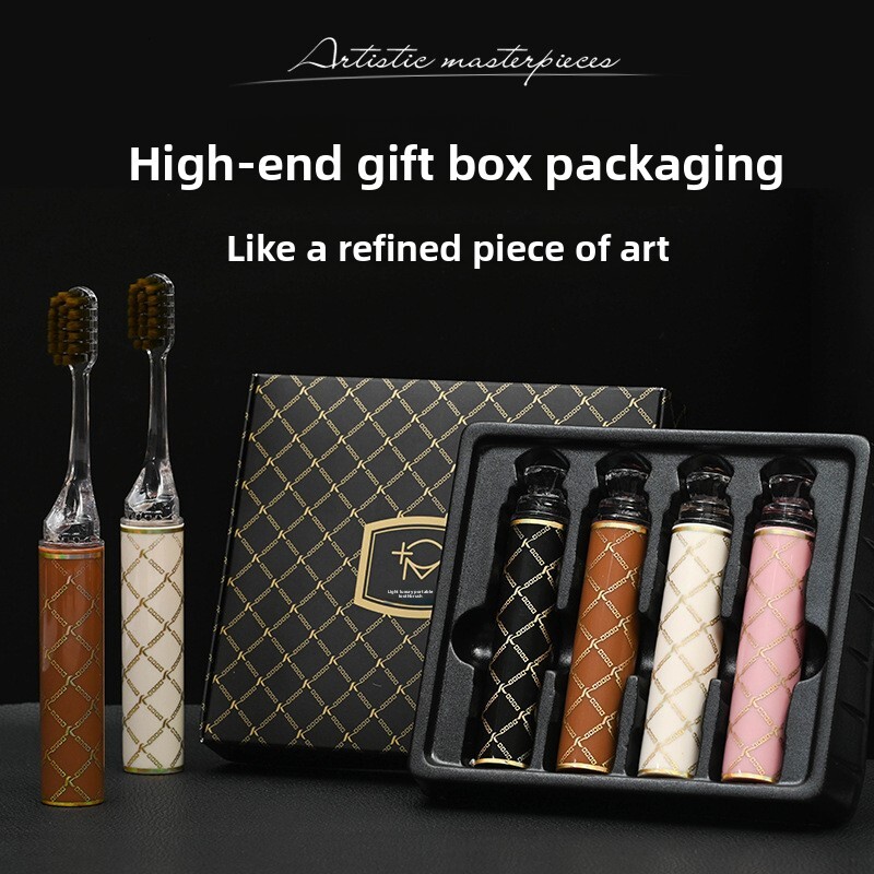 Toothbrush High End Luxury Lipstick Style Soft Bristles Gold Plated Wide Head Printed Stripe Plaid Pattern Portable Travel Family 4 Piece Gift Set