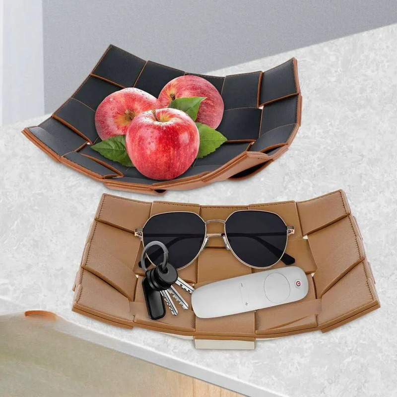 Leather Key Bowl Reversible Phone Wallet Coin Desktop Storage Tray Organizer Square Weave Nightstand