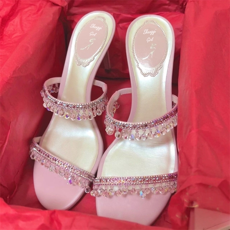 Summer Sexy Women Heel Rhinestone High Heels Open Toe Backless Slippers Fairy Style 260325