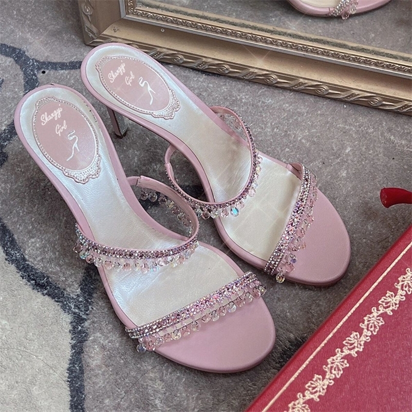 Summer Sexy Women Heel Rhinestone High Heels Open Toe Backless Slippers Fairy Style 260325