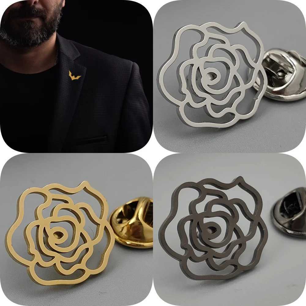 New hip-hop style rose hollow stainless steel gold-plated badge suit lapel pin waterproof black mens brooch set Z260401