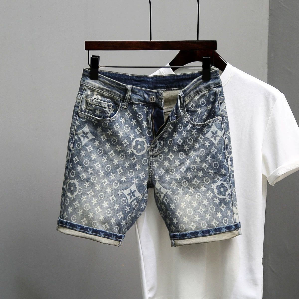 European Style Fashionable High-End Luxurious Printed Denim Shorts for Men - Thin Trendy Elastic Slim-Fitting Five-Pocket Pants - Little Joy