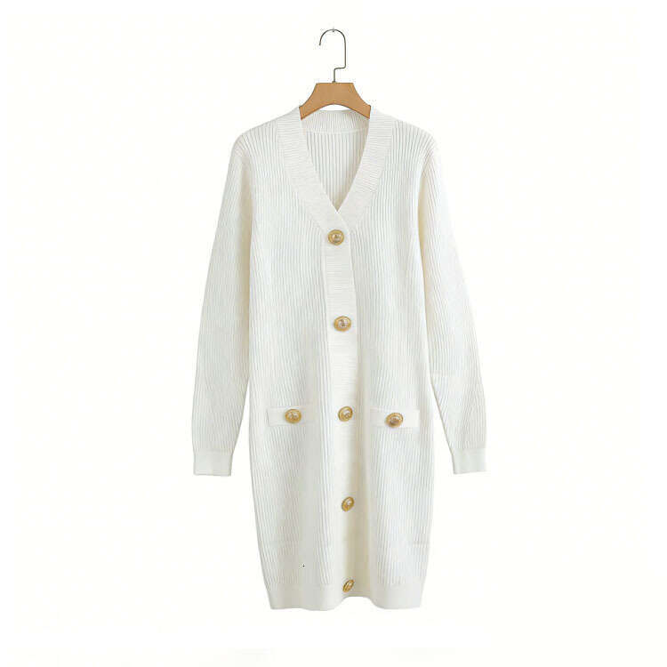 2026 Spring/Autumn New Designer Ribbed k30 Knitted V-neck Gold Lion Buckle Slimming Long Sleeve Dress