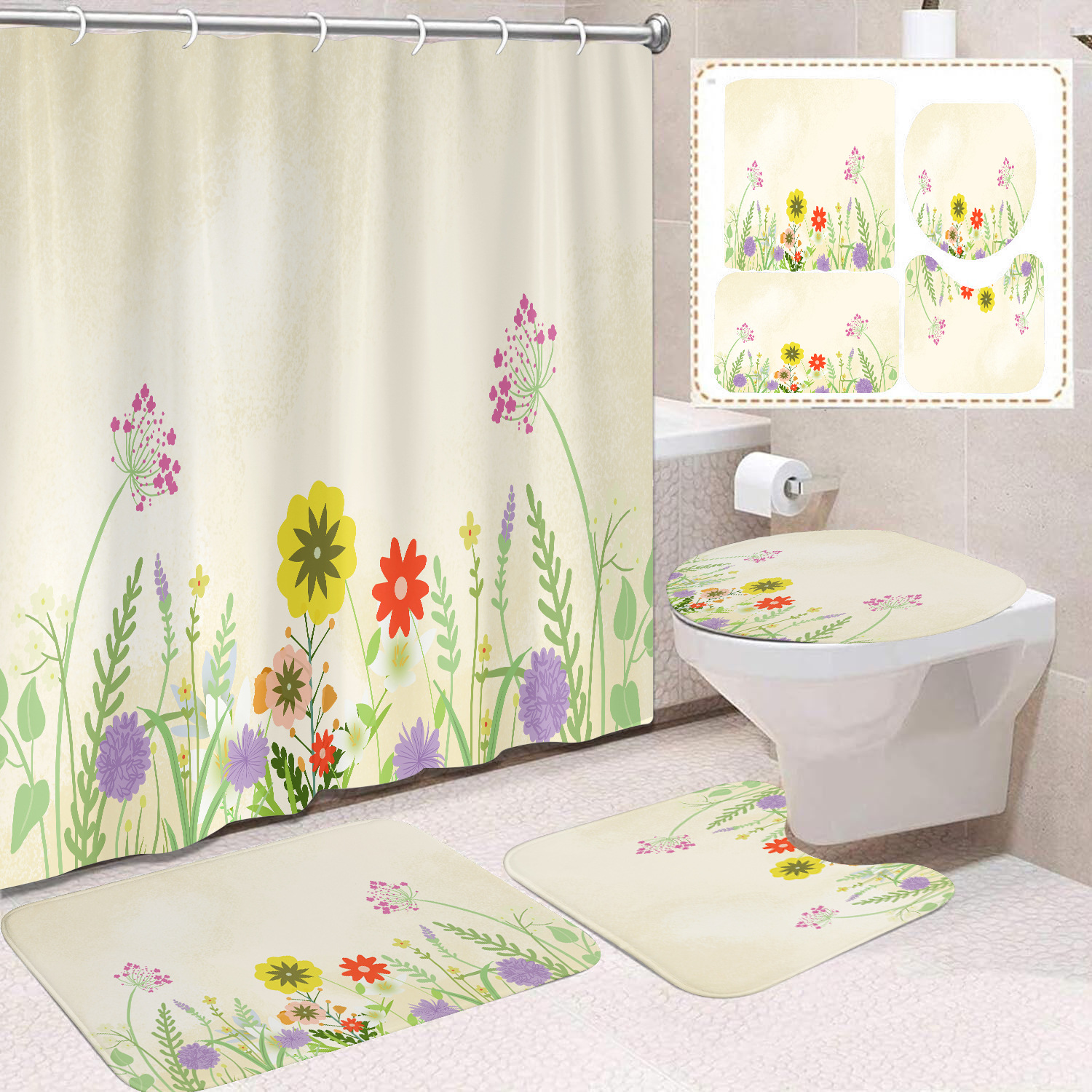 YL-38427 Floral Shower Curtain and Mat Set (4 Pieces) - Bathroom Dry and Wet Separation, Toilet Isolation Curtain, Modern Minimalist Style