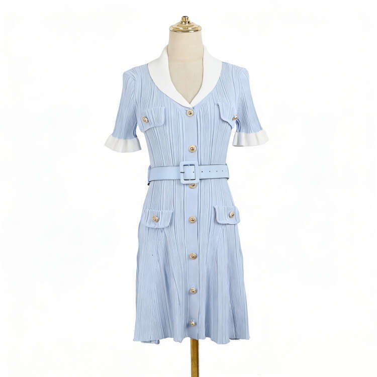 Summer new designer knitted contrasting collar, pleated cuffs, single breasted waistband, k30 fresh and elegant women's dress