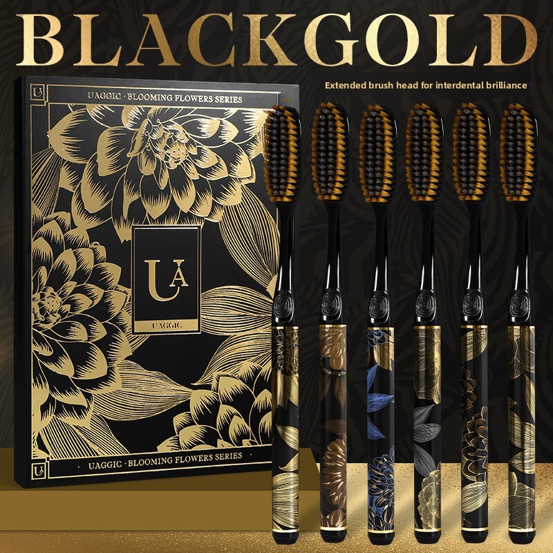 Toothbrush 6Pcs Extended Brush Efficient Fast Brushing Light Luxury U Shaped Deep Clean Fine Filament Soft Bristle Big Head Household Luxury Black Gol