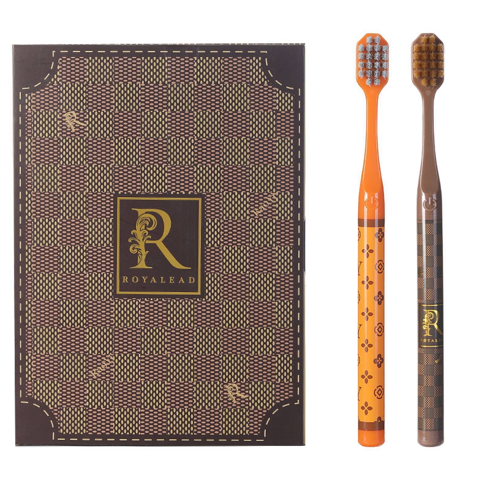 Toothbrush Royalead Luxury Adult 6 Piece Set Home Use Light Luxury Gift Box Wide Head Soft Bristle Brown Checkerboard Print