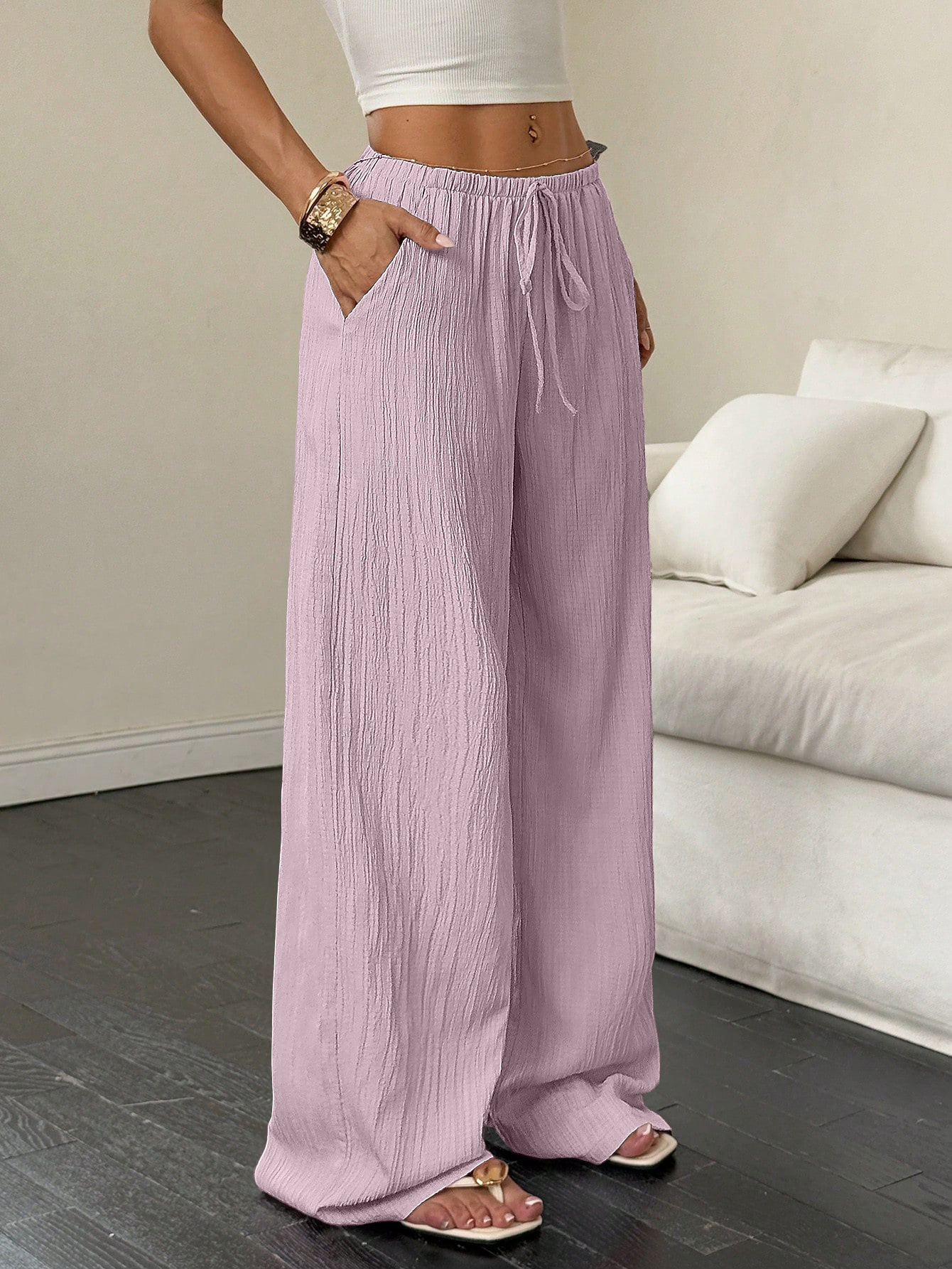Women's Pants Casual Linen Wide Leg Mid Waist Long Trousers Comfortable Summer Fashion One Piece Ladies Clothing