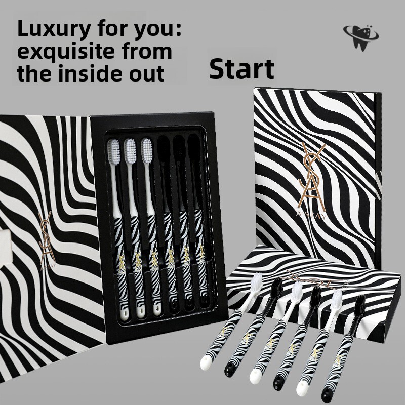 Toothbrush Black White 6 Piece Gift Set High End Zebra Pattern Printed Handles Soft Bristles Gum Care For Couples And Families