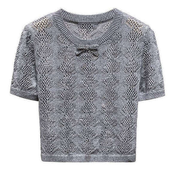 Bow sequin T-shirt summer new designer hollowed out round neck pullover sweater k30 knitted top