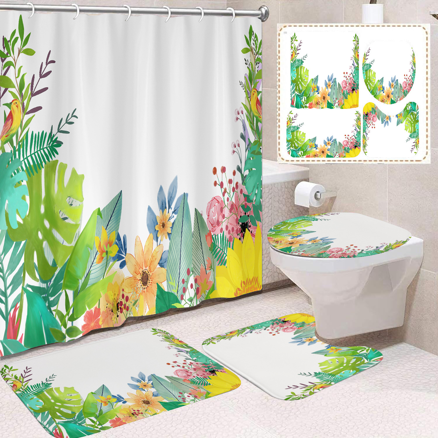 YL-38422 Floral Shower Curtain and Mat Set (4 Pieces) - Bathroom Dry and Wet Separation, Toilet Isolation Curtain, Modern Minimalist Style