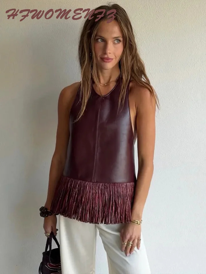 Faux Leather Fringe Ptachwork Halter Top Women Casual Solid Sleeveless Backless Female Tank 2026 Spring Summer Chic Lady Tops 260331