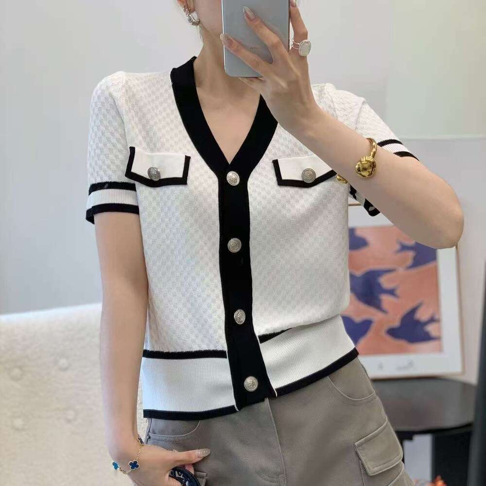 2026 summer new designer simple multifunctional V-neck single breasted color k30 blocking splicing slim knit cardigan top