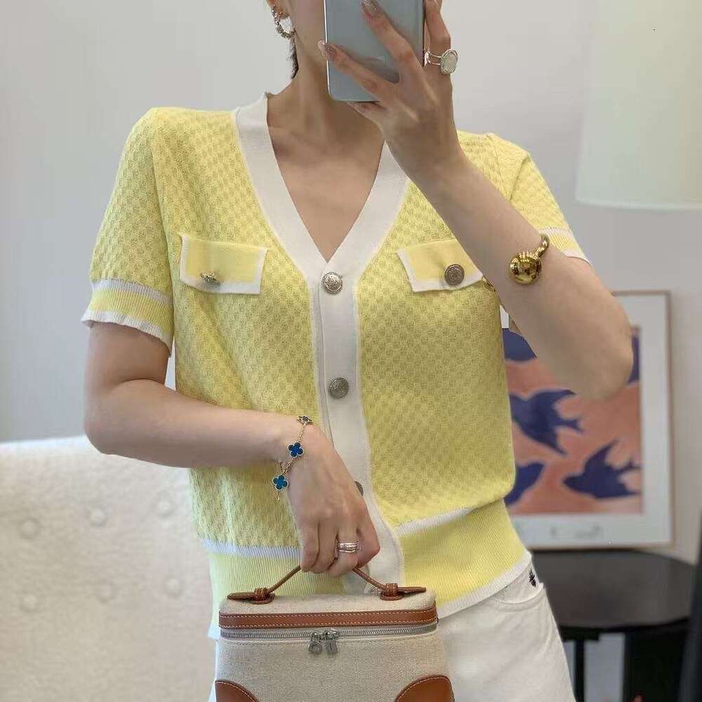 2026 summer new designer simple multifunctional V-neck single breasted color k30 blocking splicing slim knit cardigan top