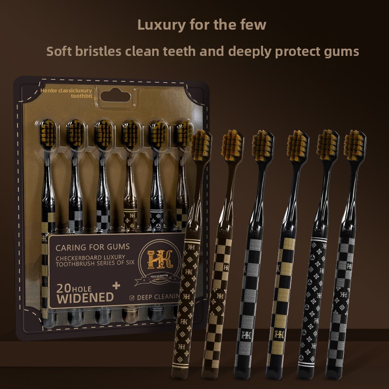 Toothbrush 6 Pack High Efficiency Cleaning Soft Bristles Wide Head Checkerboard Pattern Handle For Home Couples Adults High-end Luxury Style