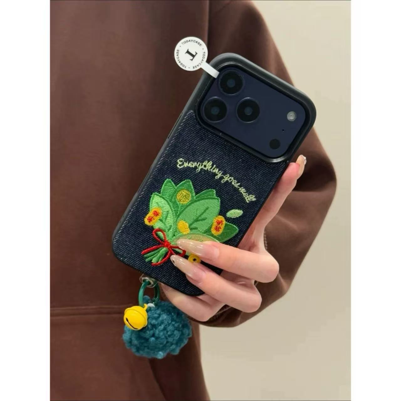 Denim blue embroidered grapefruit leaves for Apple good luck iPhone anti-drop mobile phone case