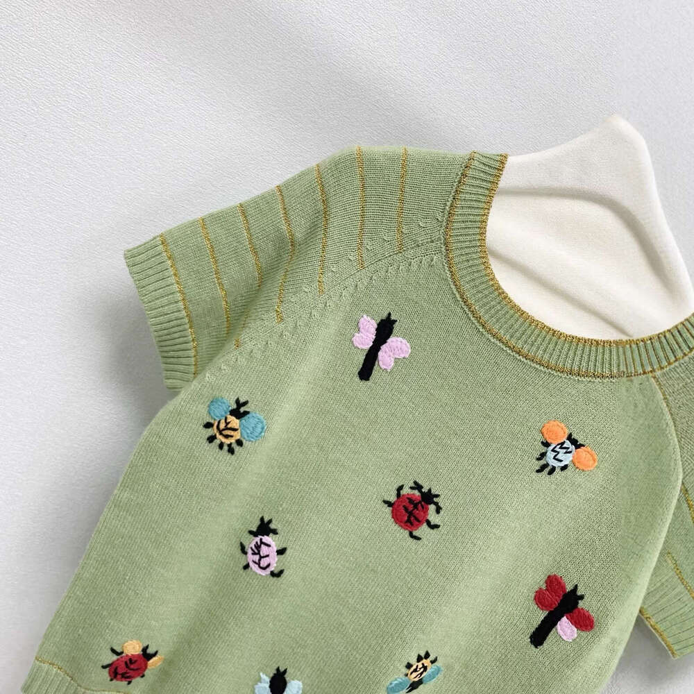 2026 Spring and Summer New Designer High end Round k30 Neck Color Cartoon Embroidery Fashion Short sleeved Knitted Shirt