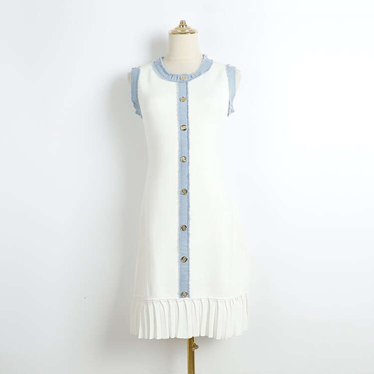 Summer new small fragrant k30 round neck color blocked tassel denim border sleeveless pleated skirt vest