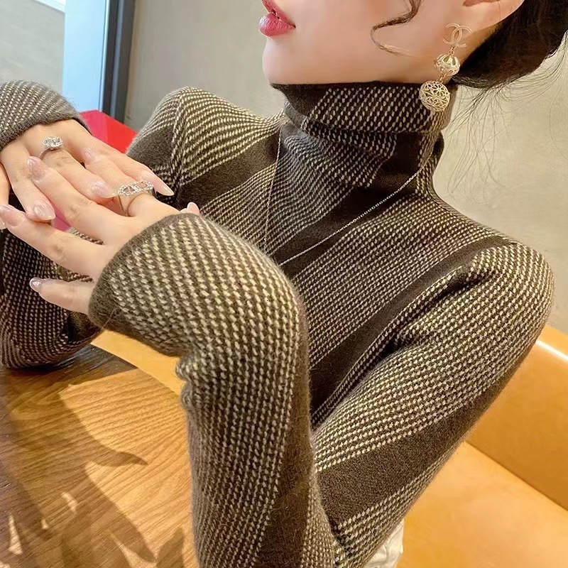 2026 Designer High Collar Sweater Fashion Luxury Brand Striped Jacquard New Style Western Long Sleeve Bottom Shirt Show Thinning Knitted Inner Women&#