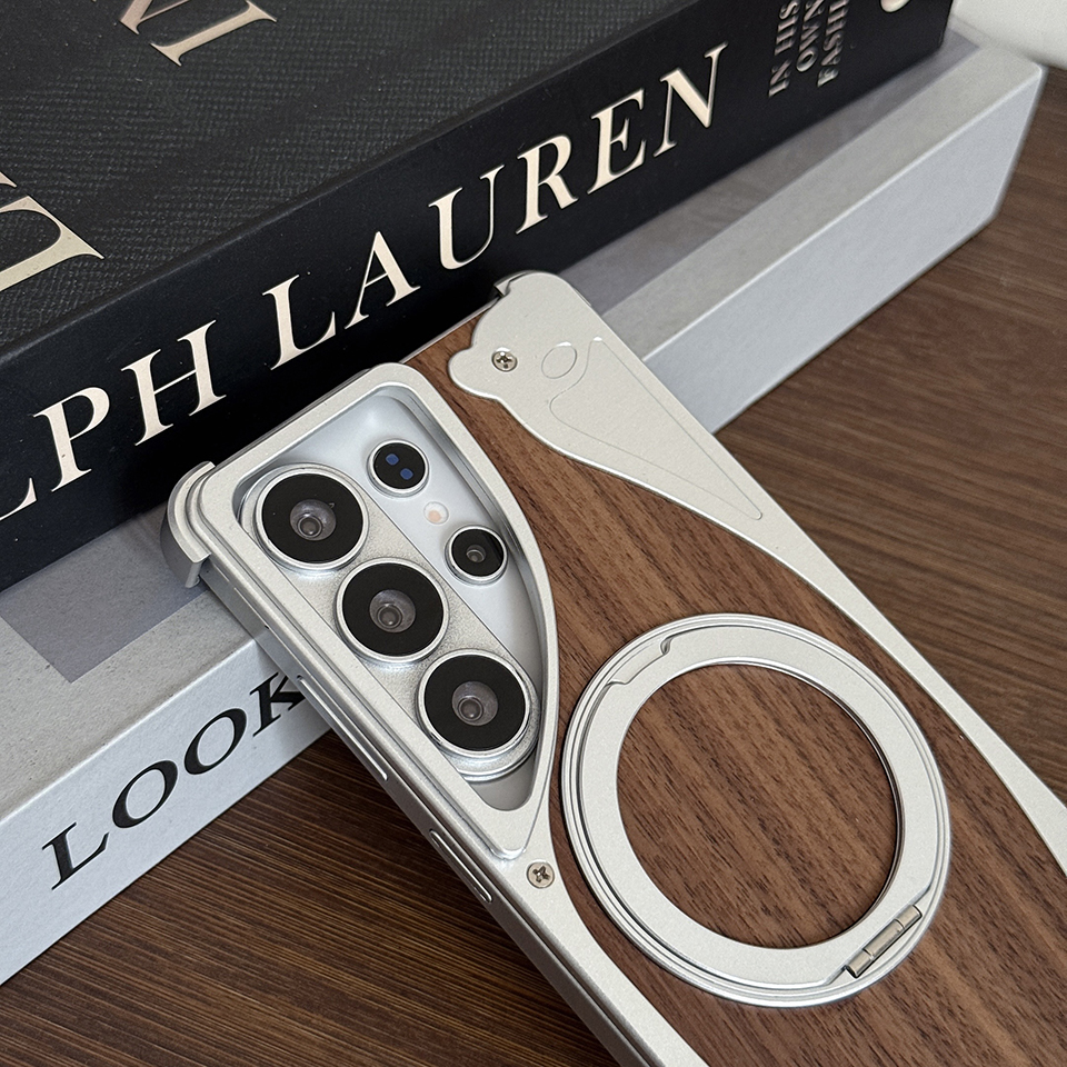 Samsung Galaxy S26 Ultra Solid Wooden Grain Borderless Protective Cover - Durable Aluminium Magnetically Adjustable Stand