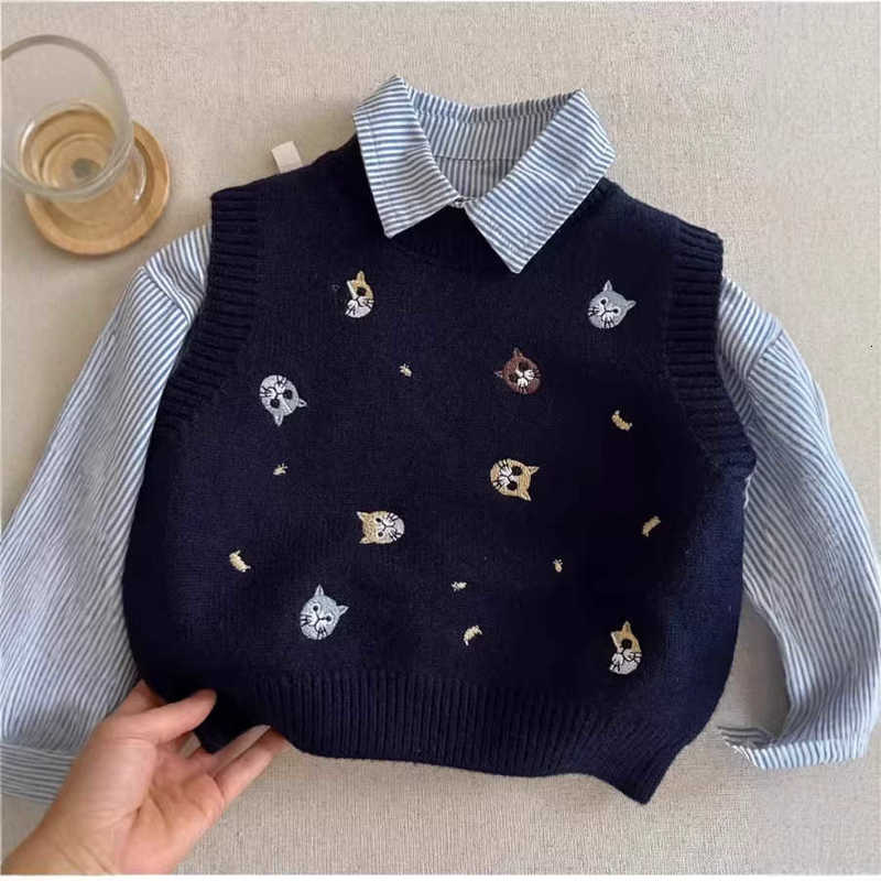 Pullover Pullover Children's Embroidered Knit Sweater Vest Spring and Autumn New Style Boys' and Girls' Sleeveless Vest Baby Cartoon To