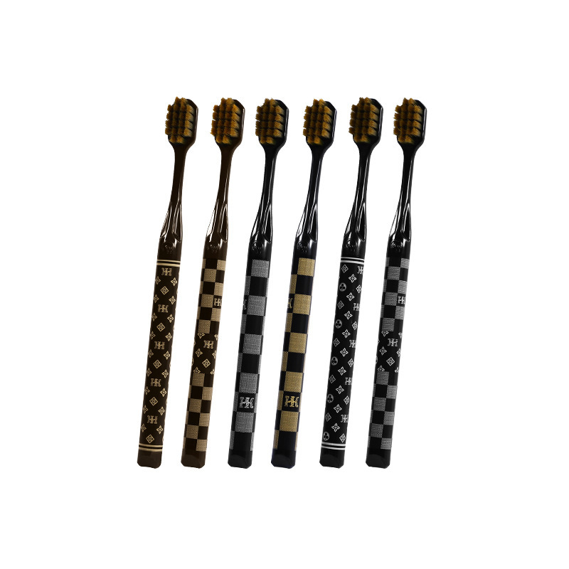 Toothbrush 6 Pack High Efficiency Cleaning Soft Bristles Wide Head Checkerboard Pattern Handle For Home Couples Adults High-end Luxury Style
