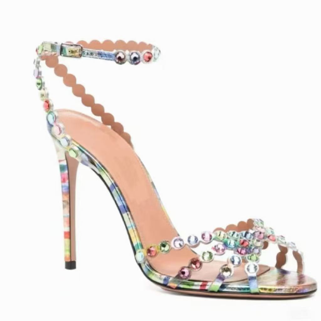 Top quality rhinestone Stiletto heel sandals clear PVC high heels crystal Ankle strap open toes High heels womens Luxury designer fashion Style heeled shoes 35-42 bag