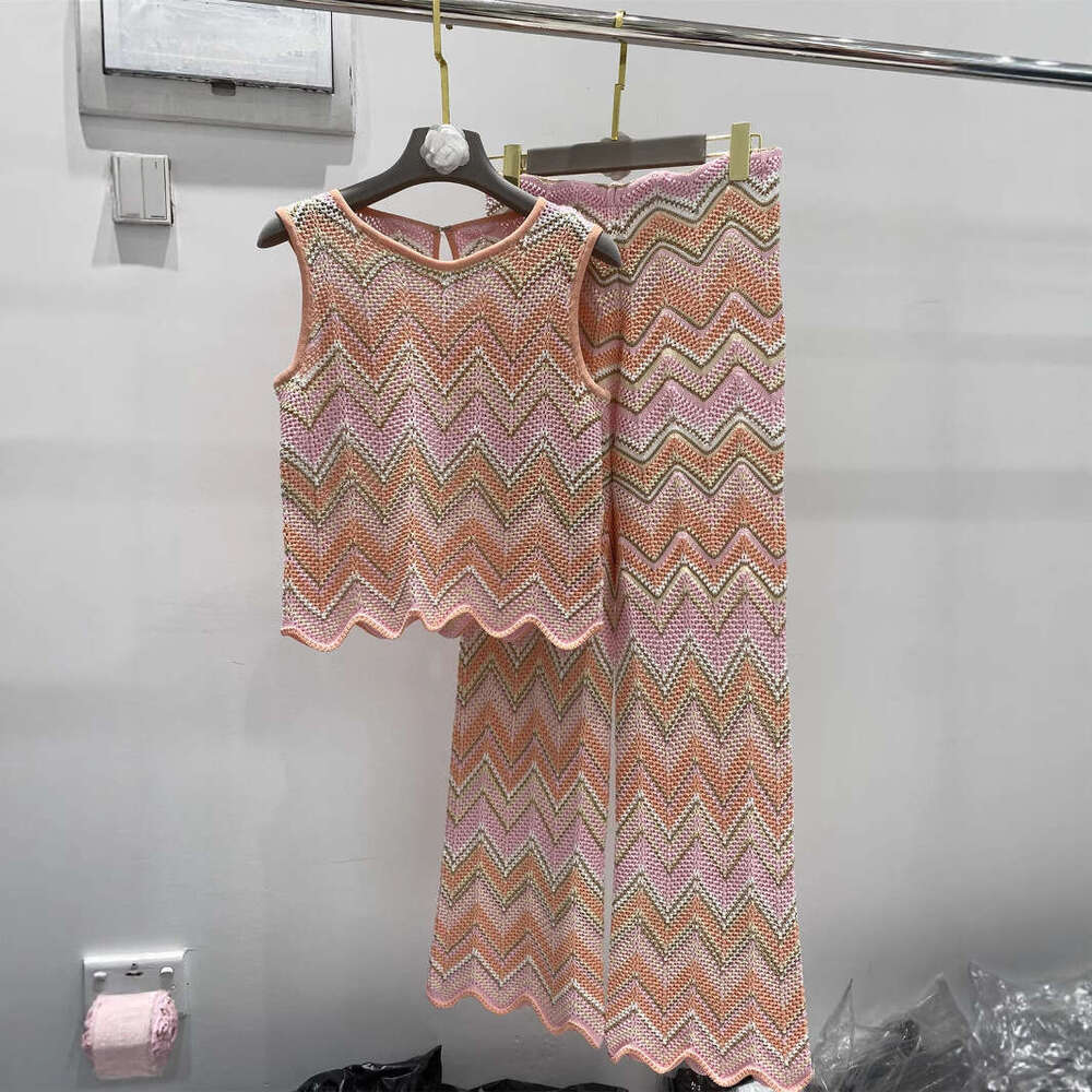 Designer's high-end color block wave pattern sexy niche color stripe thin k30 casual pants+vest ice silk two-piece set
