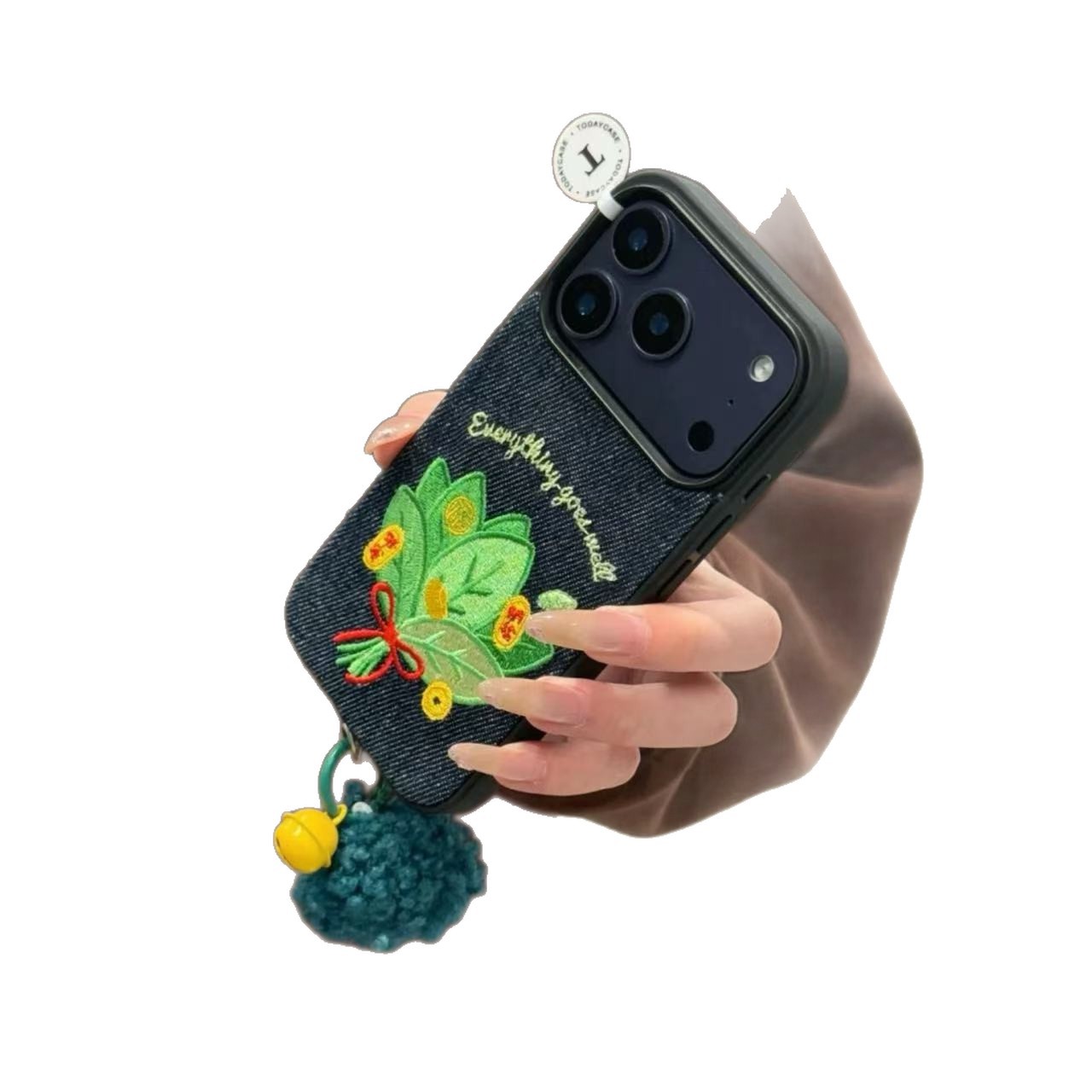 Denim blue embroidered grapefruit leaves for Apple good luck iPhone anti-drop mobile phone case