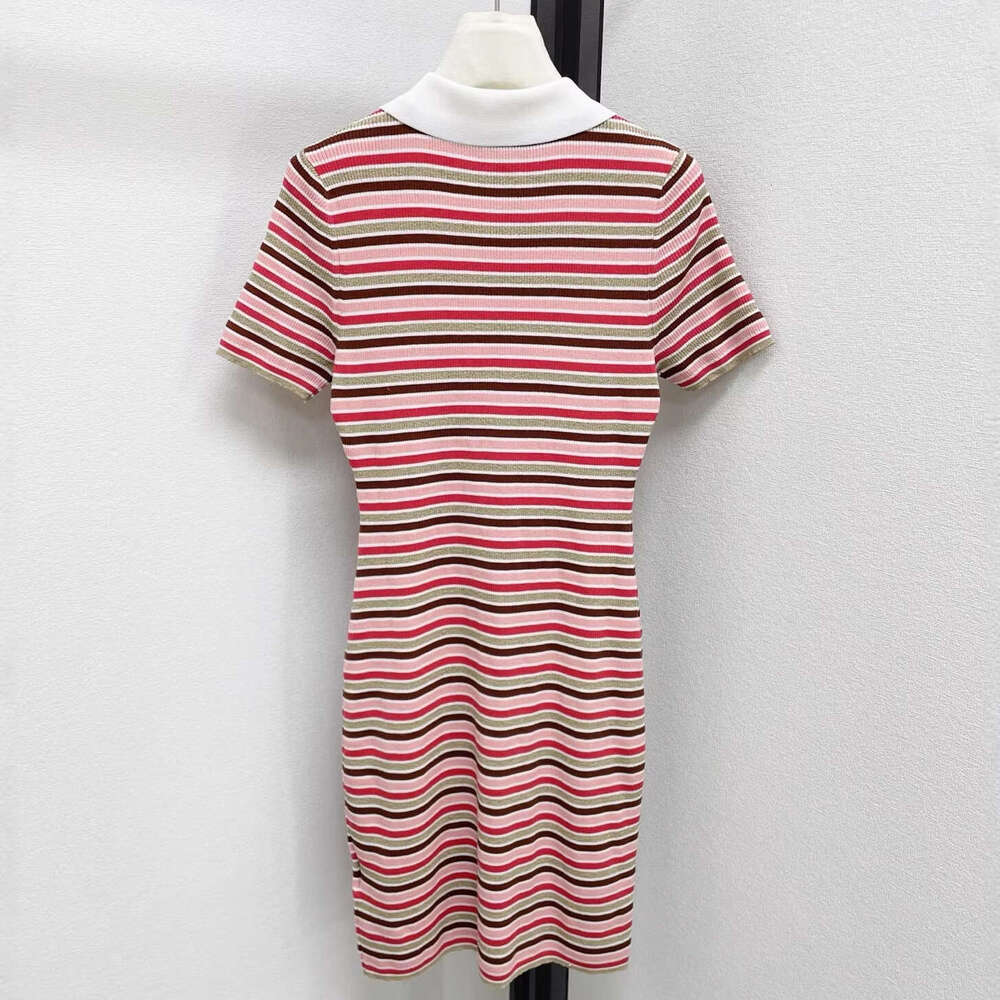 2026 Spring New Designer High end Striped Slimming Women's Flip Collar Half Button Short k30 Sleeve Knitted Dress