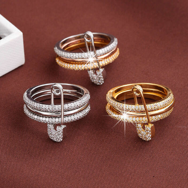 Designer Jewellery High Quality Non Tarnish Triple Connector Cubic Zirconia Safety Pin Ring for Women Men Textured Unisex Jewelry Gift Wedding Anniver
