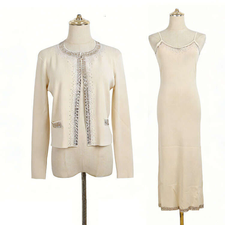 Spring new designer knitted round neck rhinestone long sleeved k30 cardigan and camisole long skirt elegant style