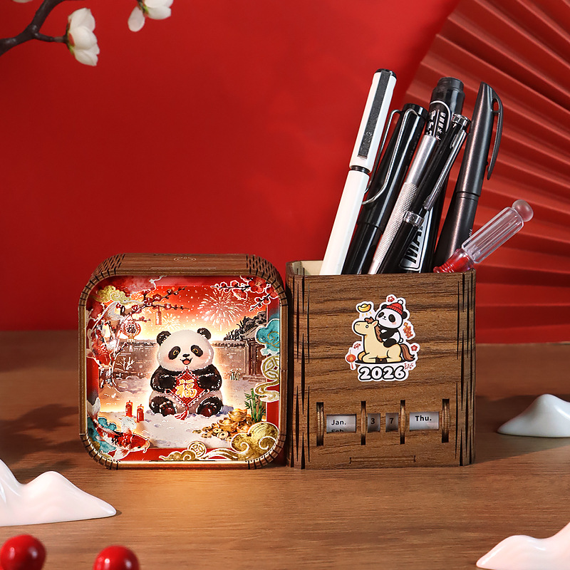 Panda New Year 2026 Calendar Wooden Pen Holder, Chinese Style Office Decor Creative Gift