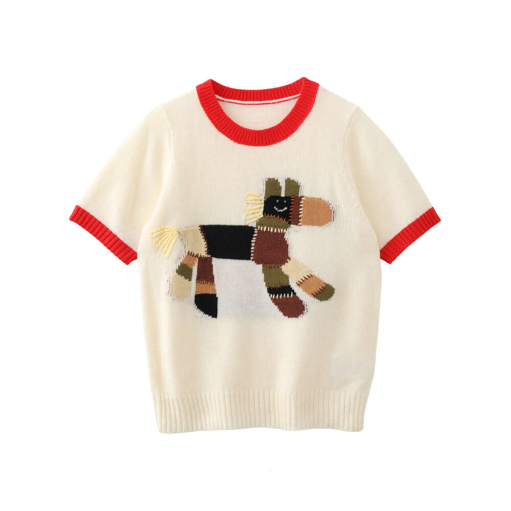 Designer French retro color blocked round neck short sleeved k30 knitted top for women's high-end jacquard splicing T-shirt
