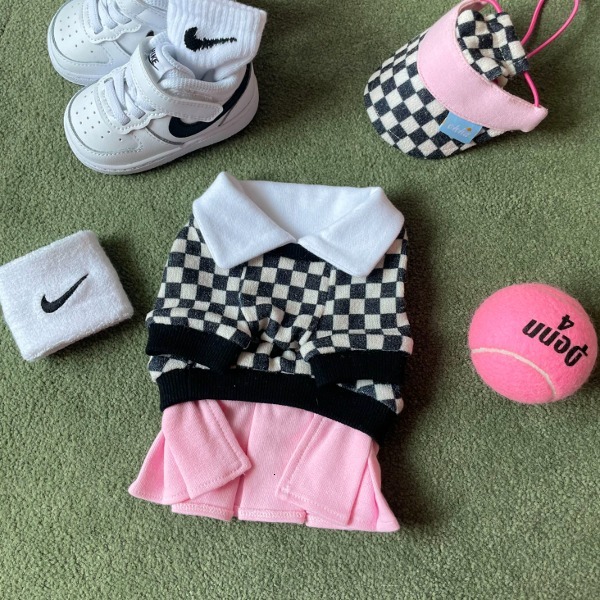 Pet Clothing Ins Style Autumn Winter Korean Tennis Prince Series Hat Color Blocked Checkered Skirt T Shirt Warm Apparel For Dogs