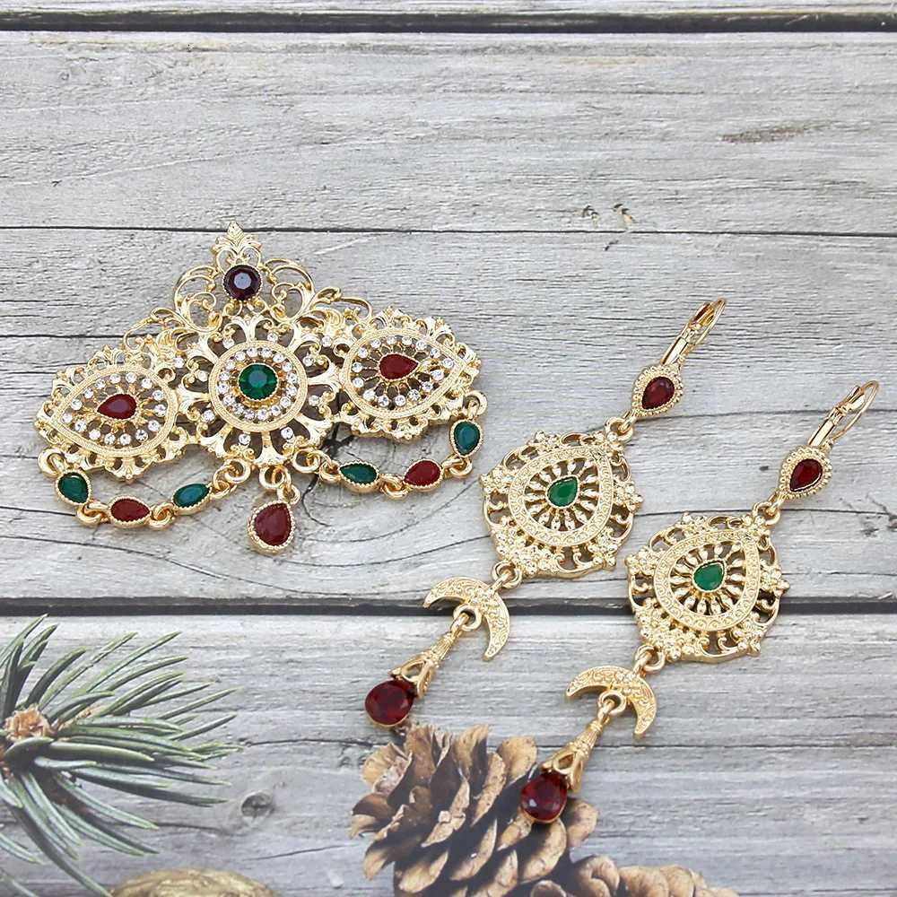 Gold Color Morocco Caftan Brooch Pins Long Drop Earring Blue Crystal Bride Jewelry Set for Women Arabic Flower Bijoux Z260401