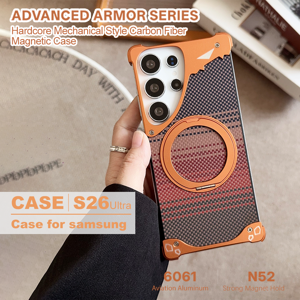 For Samsung Galaxy S26 Ultra Case Aviation Grade Aluminum Frame Carbon Fiber Texture Magnetic MagSafe Cover with Hidden Ring Stand
