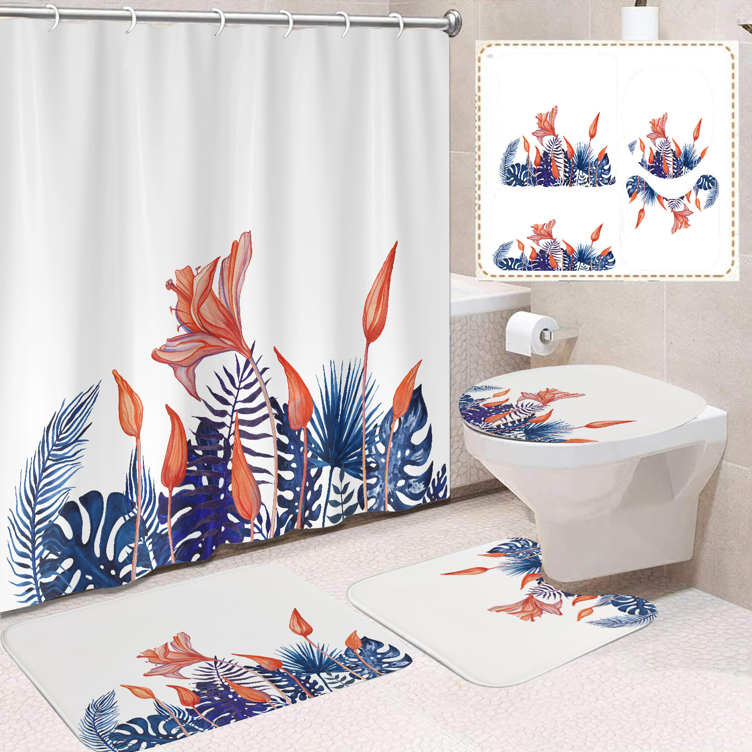YL-38421 Floral Shower Curtain and Mat Set (4 Pieces) - Bathroom Dry and Wet Separation, Toilet Isolation Curtain, Modern Minimalist Style