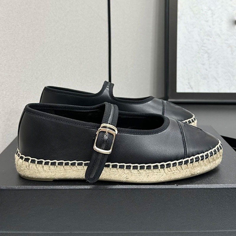 High Quality Designer Womens Fishing Shoes Lady Mary Janes 26SS Women Flat Sandals Sheepskin Leather Upper With Buckle Strap Hemp Rope Rubber Outsole with boxs