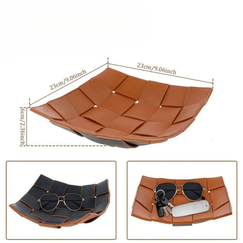 Leather Key Bowl Reversible Phone Wallet Coin Desktop Storage Tray Organizer Square Weave Nightstand