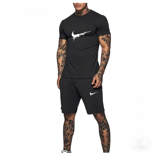 new Men' tick summer sports T-shirt and shorts set men's breathable sportswear set casual and fashionable women short-sleeved football black set Tracksuits Designer