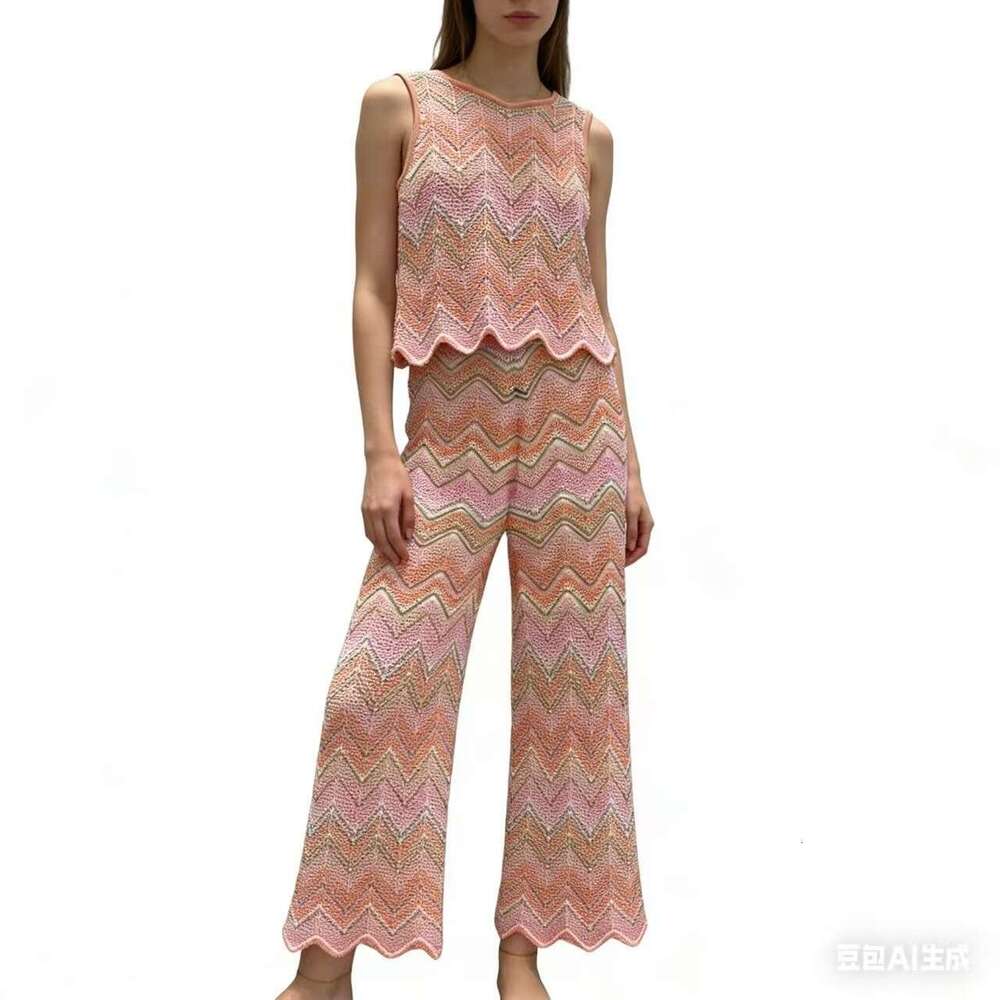 Designer's high-end color block wave pattern sexy niche color stripe thin k30 casual pants+vest ice silk two-piece set