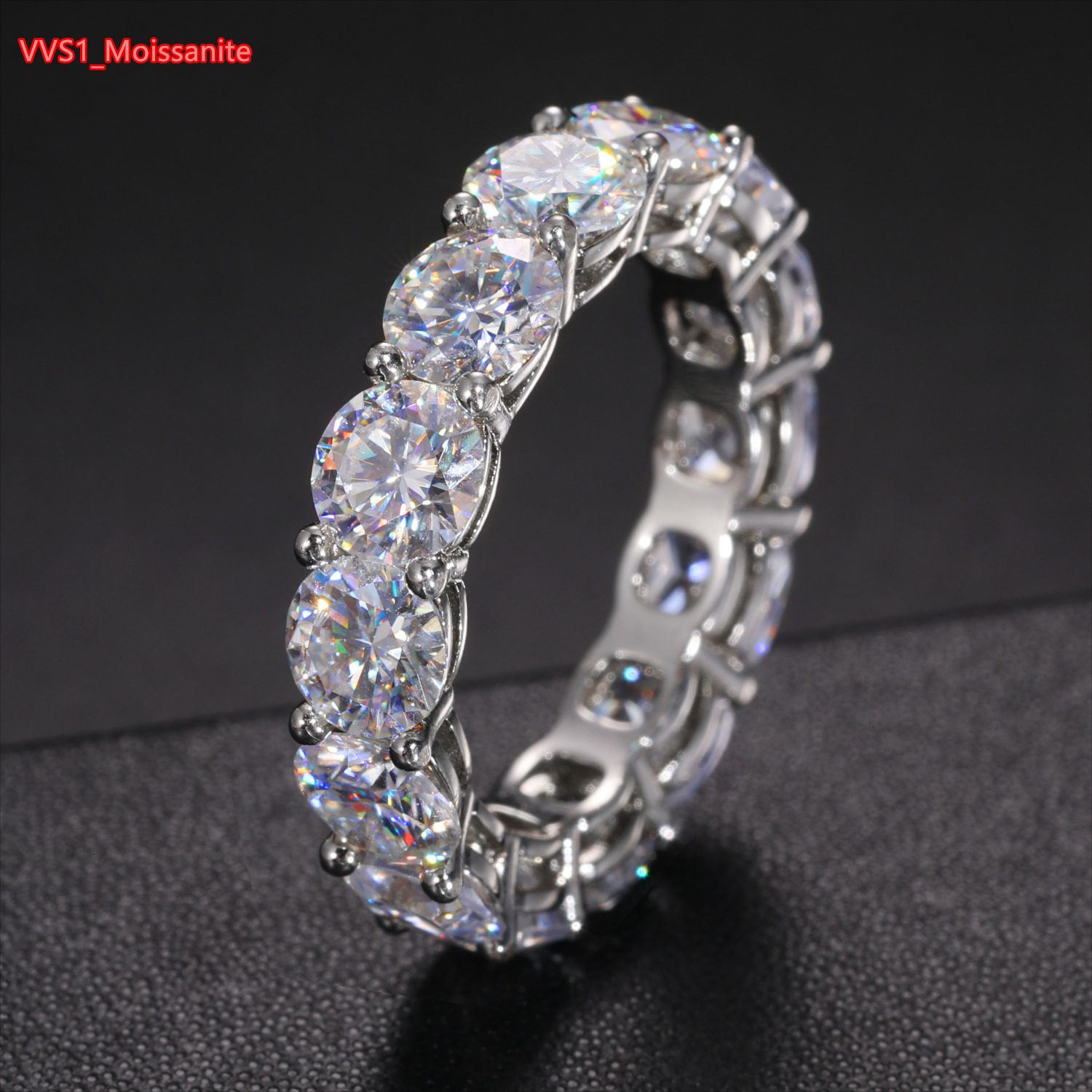 Wholesale Custom Wedding Jewelry White Gold Plated 925 Sterling Silver VVS Moissanite Diamond Tennis Eternity Engagement Ring