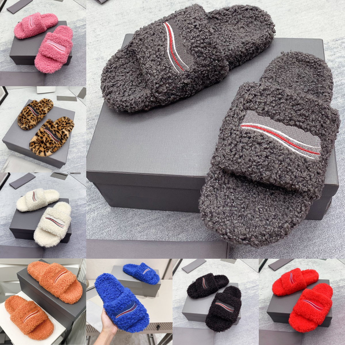 Women Fur Slides Furry Slippers Designer Mules Fall Winter Homewear Slide Men Footwear Paris Luxury Fuzzy Flip Flop Fluffy Wool slider 35-45 Charm Display