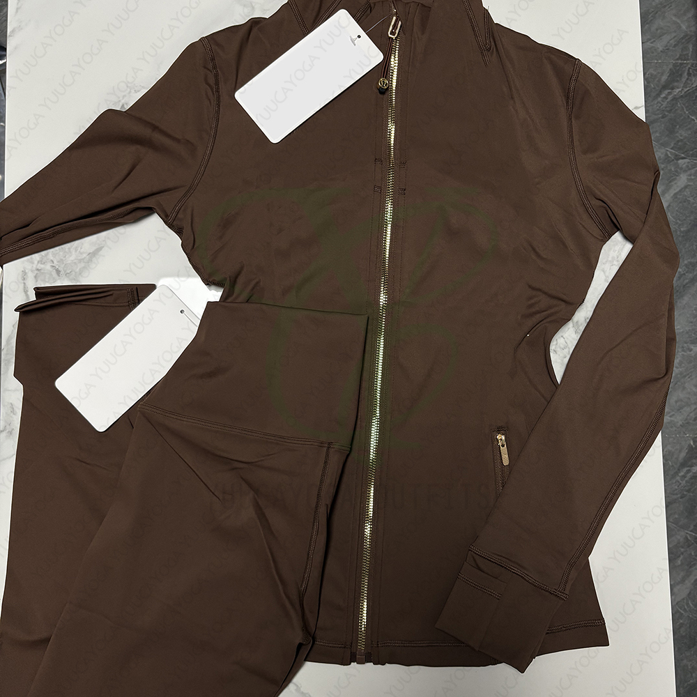 Women Workout Gym Set Leggings Long Sleeves Golden Zip Tops & Nine Quarter Pants Yoga Outfit Fitness Jackets Fitting Jogging Sportswears Clothes