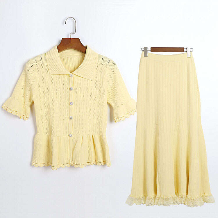 Designer Sweet Style Knitted Set with Collar and Waist Tightened Hollow Short Sleeve Cardigan and Lace k30 Splicing Long Skirt 2026