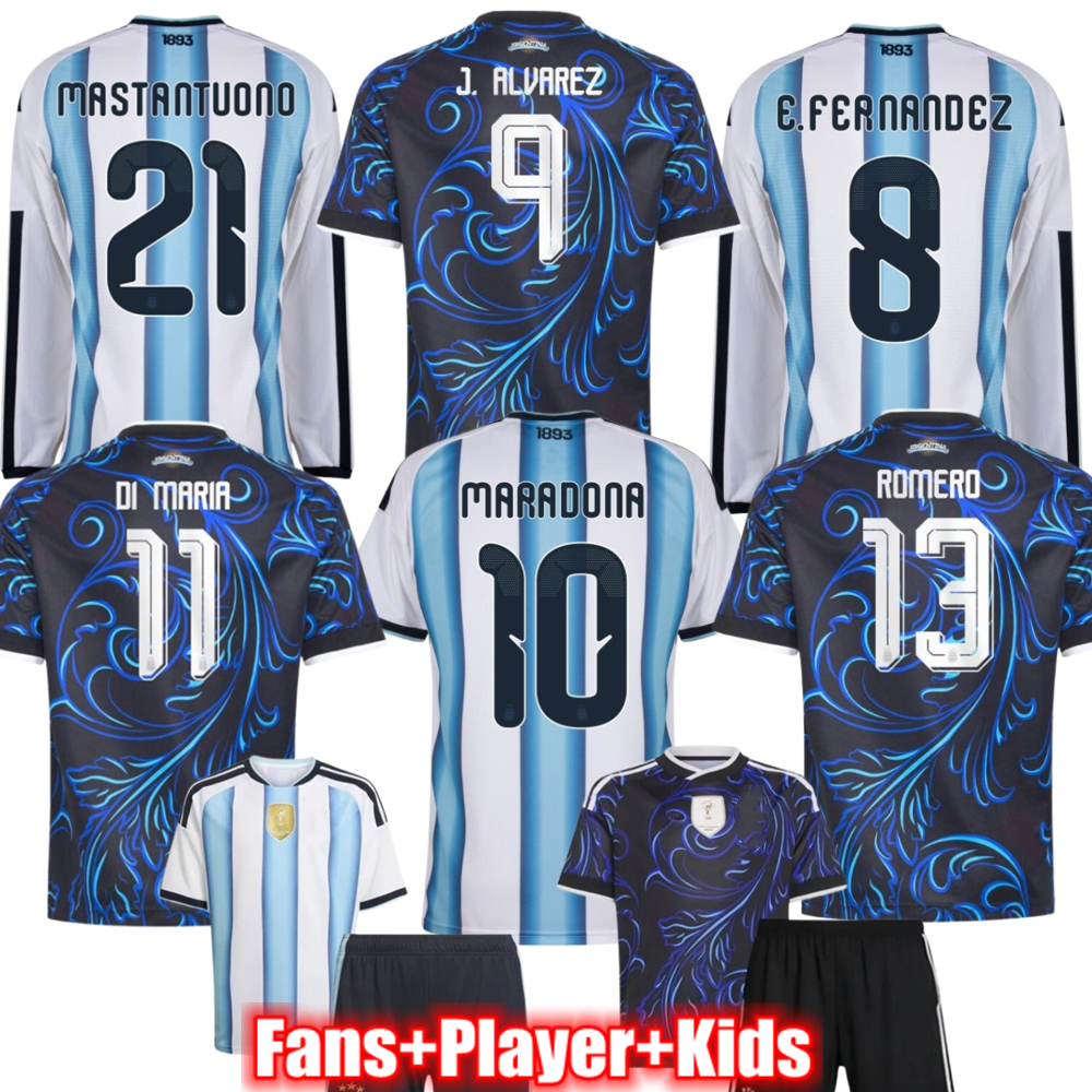 Argentinas Soccer Jersey 2026 MASTANTUONO MARADONA J.ALVAREZ DI MARIA World Cup Kids Football Shirts Fans Player version ENZO ROMERO Long Sleeve