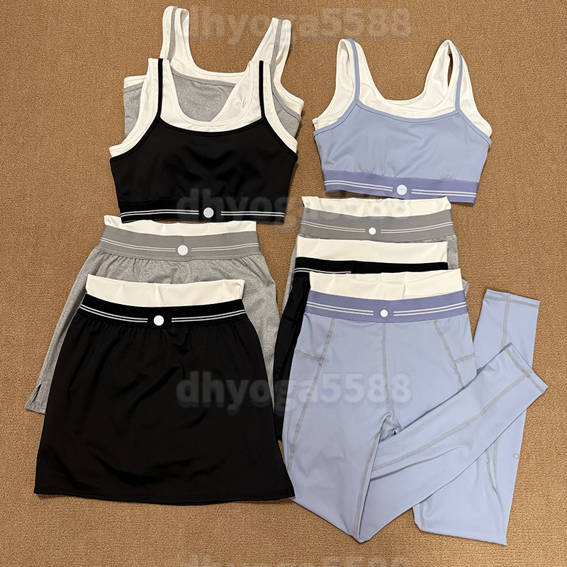 Designer Yoga Sets Women Sports Bra +Leggings Shorts Outfit Anti Exposure Tennis Skirt Elasic Striped Breathable Fitness Bra With Pad High Waist Yoga Pants Gym Sets