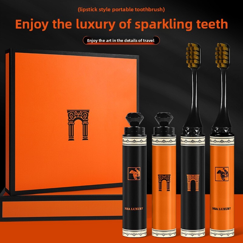 Toothbrush Lipstick Foldable Soft Bristle Luxury Orange Business Travel Home Couple Set High End Men Women Gift Box
